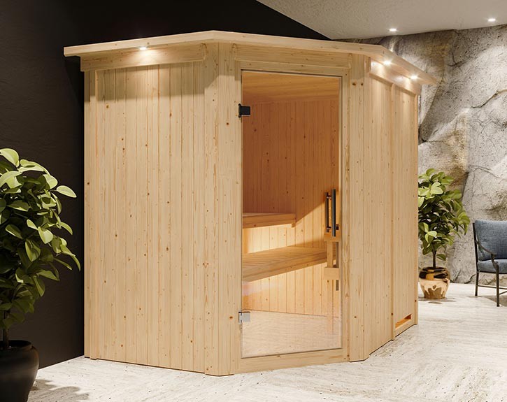 Karibu Innensauna Lilja + Dachkranz - 68mm Elementsauna - Ganzglastür klar - 230V Sauna - Ecksauna