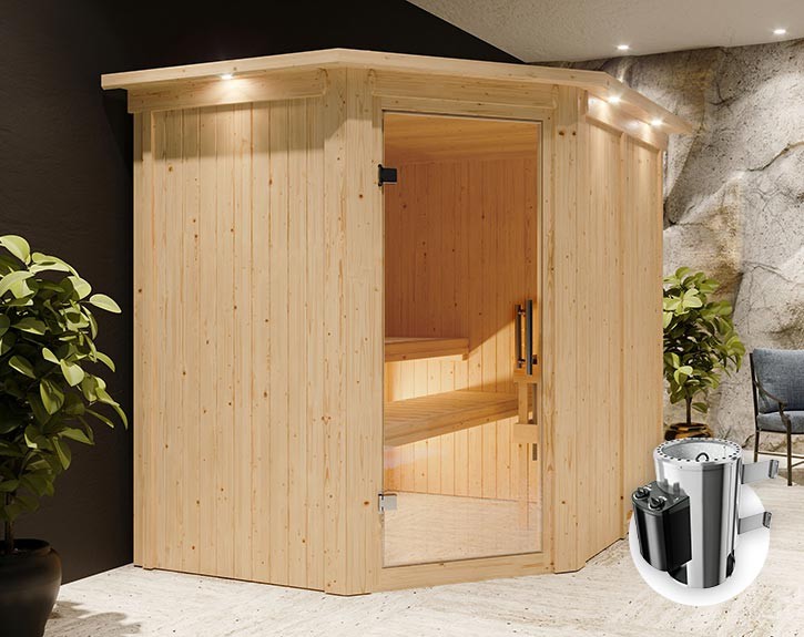 Karibu Innensauna Lilja + Dachkranz + 3,6kW Plug&Play Saunaofen + integrierte Steuerung - 68mm Elementsauna - Ganzglastür klar - 230V Sauna - Ecksauna