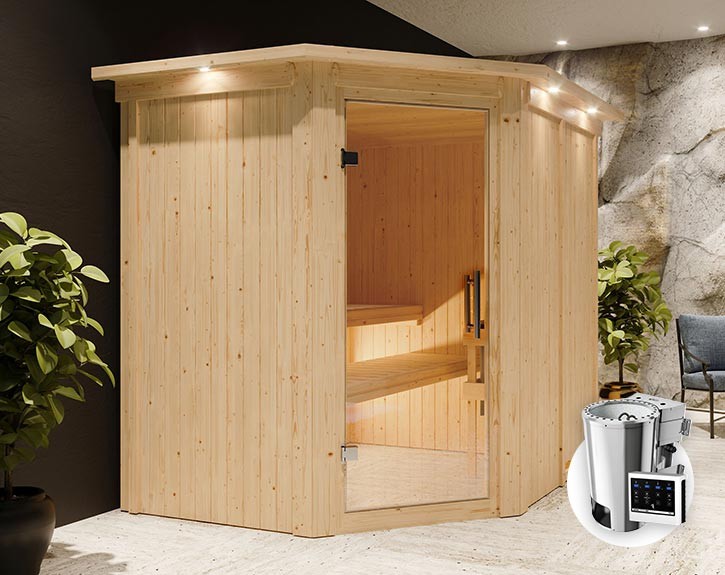 Karibu Innensauna Lilja + Dachkranz + 3,6kW Plug&Play Bio-Kombiofen + externe Steuerung Easy Bio - 68mm Elementsauna - Ganzglastür klar - 230V Sauna - Ecksauna