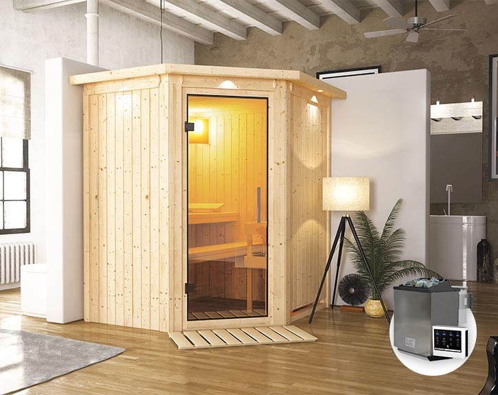 Karibu Innensauna Taurin + Dachkranz + 9kW Bio-Kombiofen + externe Steuerung - 68mm Elementsauna - Ganzglastür klar - Ecksauna