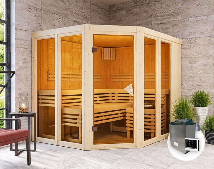 Karibu Innensauna Ainur 3 + Glasfront + Superior-Ausstattung + 9kW Saunaofen + externe Steuerung Easy - 68mm Elementsauna - Ecksauna