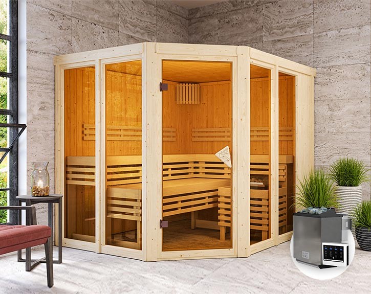 Karibu Innensauna Ainur 3 + Glasfront + Superior-Ausstattung + 9kW Bio-Kombiofen + externe Steuerung Easy bio - 68mm Elementsauna - Ecksauna