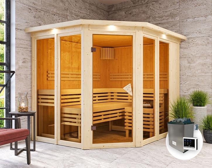 Karibu Innensauna Ainur 3 + Glasfront + Superior-Ausstattung + Dachkranz + 9kW Saunaofen + externe Steuerung Easy - 68mm Elementsauna - Ecksauna