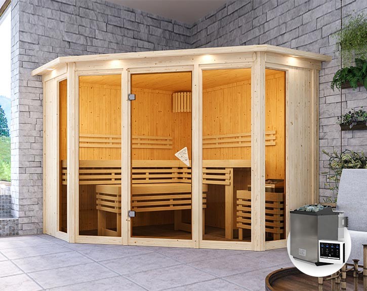 Karibu Innensauna Alcinda + Glasfront + Superior-Ausstattung + Dachkranz + 9kW Bio-Kombiofen + externe Steuerung Easy bio - 68mm Elementsauna - Ecksauna