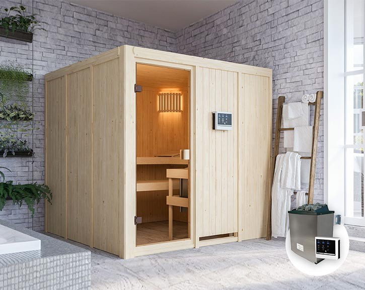 Karibu Innensauna Oulu + 9kW Saunaofen + externe Steuerung Easy - 68mm Elementsauna