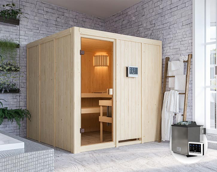 Karibu Innensauna Oulu + 9kW Bio-Kombiofen + externe Steuerung Easy bio - 68mm Elementsauna