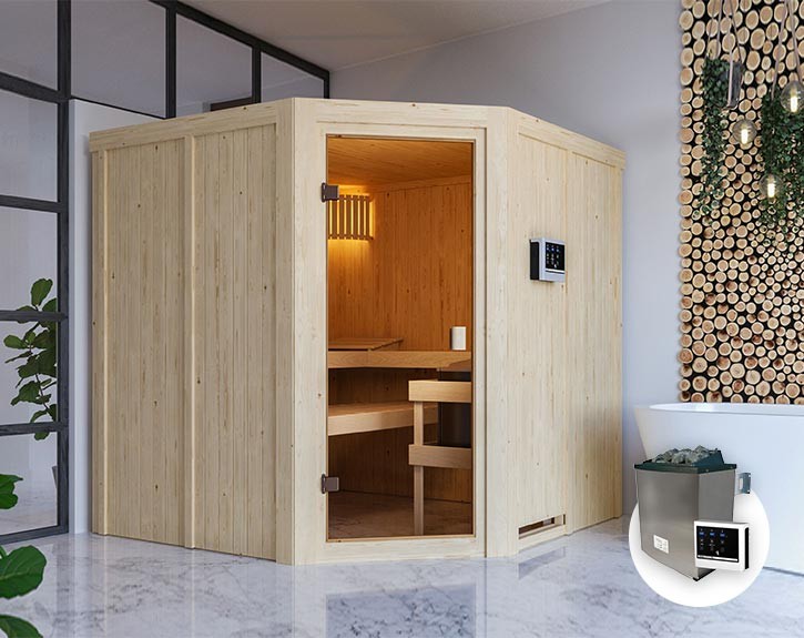 Karibu Innensauna Kotka + 9kW Saunaofen + externe Steuerung Easy - 68mm Elementsauna - Ecksauna