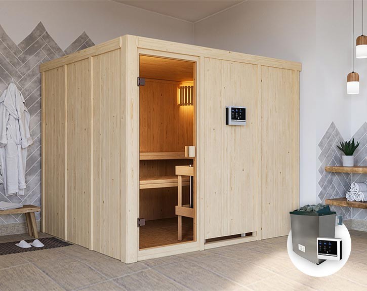 Karibu Innensauna Nybro + 9kW Saunaofen + externe Steuerung Easy - 68mm Elementsauna