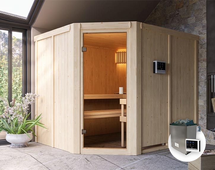 Karibu Innensauna Horna + 9kW Saunaofen + externe Steuerung Easy - 68mm Elementsauna - Ecksauna