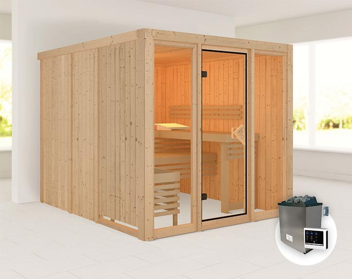 Karibu Innensauna Askja + Glasfront + Superior-Ausstattung + 9kW Saunaofen + externe Steuerung - 68mm Systemsauna