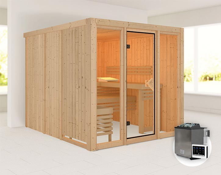 Karibu Innensauna Askja + Glasfront + Superior-Ausstattung + 9kW Bio-Kombiofen + externe Steuerung Easy bio - 68mm Systemsauna