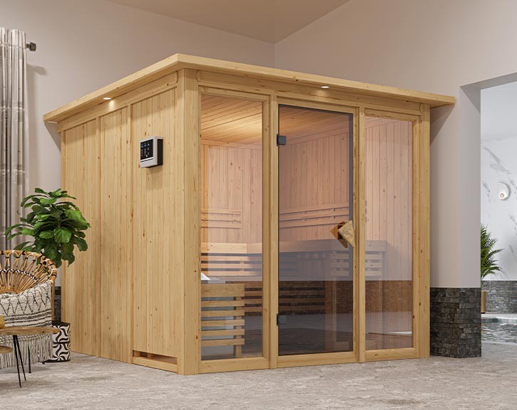 Karibu Innensauna Askja + Glasfront + Superior-Ausstattung + Dachkranz - 68mm Systemsauna