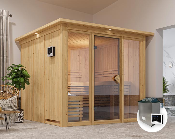 Karibu Innensauna Askja + Glasfront + Superior-Ausstattung + Dachkranz + 9kW Saunaofen + externe Steuerung - 68mm Systemsauna