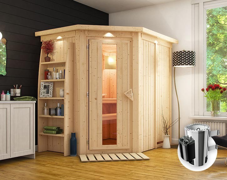 Karibu Innensauna Caspin + Dachkranz + 3,6kW Plug&Play Saunaofen + integrierte Steuerung - 68mm Elementsauna - Energiespartür - Ecksauna - Energiesparsauna