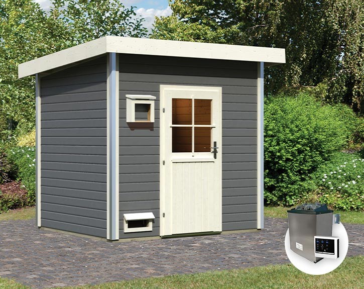 Karibu Gartensauna Norge + 9kW Saunaofen + externe Steuerung - 38mm Saunahaus - Pultdach - Classic Saunatür - terragrau