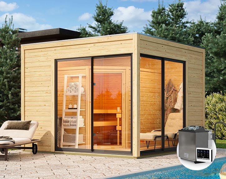 Karibu Gartensauna Terning 3 A + Vorraum + 9kW Bio-Kombiofen + externe Steuerung - 38mm Saunahaus - Flachdach - natur