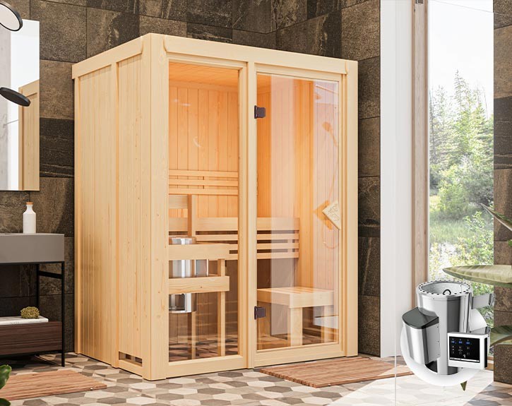 Karibu Innensauna Avari 1 + Glasfront + Superior-Ausstattung + 3,6kW Plug&Play Saunaofen + externe Steuerung - 68mm Systemsauna