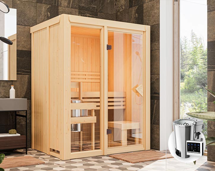 Karibu Innensauna Avari 1 + Glasfront + Superior-Ausstattung + 3,6kW Plug&Play Bio-Kombiofen + externe Steuerung Easy Bio - 68mm Systemsauna