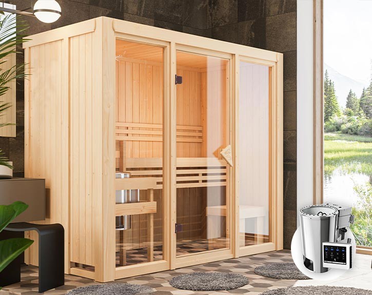 Karibu Innensauna Avari 2 + Glasfront + Superior-Ausstattung + 3,6kW Plug&Play Bio-Kombiofen + externe Steuerung Easy Bio - 68mm Systemsauna