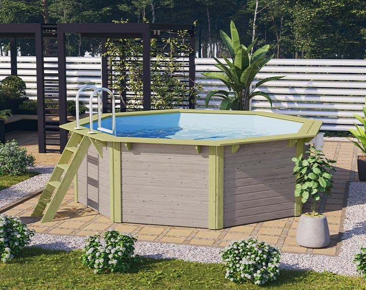 Karibu Holzpool Achteck X1 Set kleiner Filter + Skimmer - wassergrau - blaue Folie