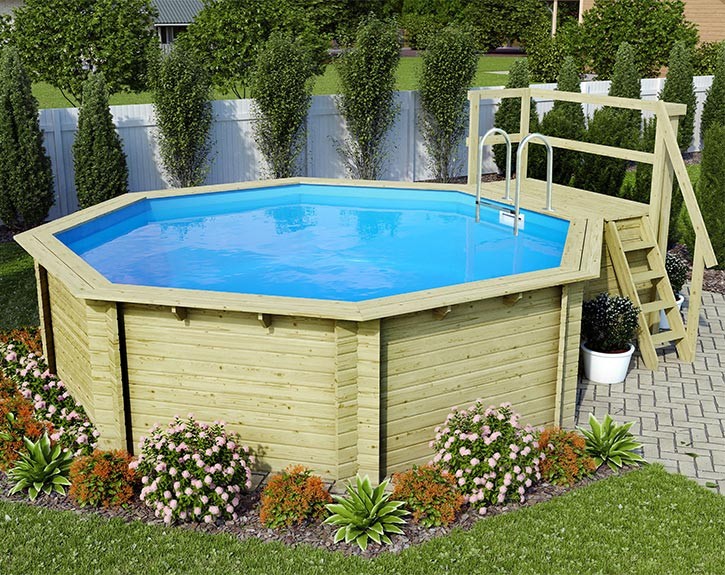 Karibu Holzpool Achteck 2B Set kleiner Filter + Skimmer inkl. Terrasse - blaue Folie