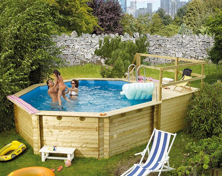 Karibu Holzpool Achteck 2C Set kleiner Filter + Skimmer + Terrasse + kleine Sonnenterasse - blaue Folie