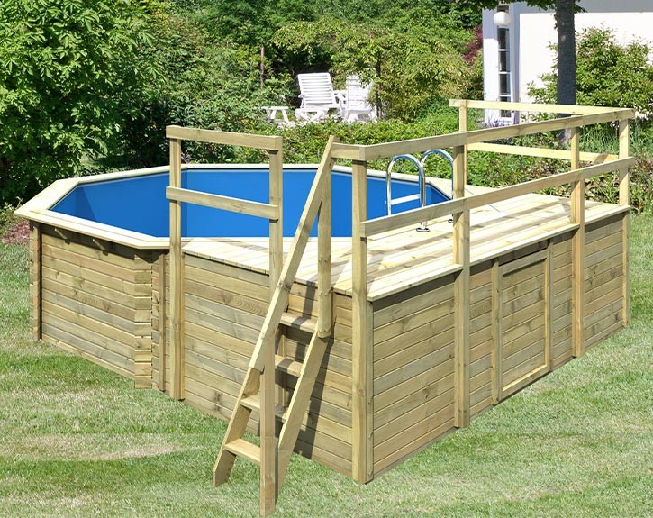 Karibu Holzpool Achteck 2D Set kleiner Filter + Skimmer + Terrasse + kleine Sonnenterasse - blaue Folie