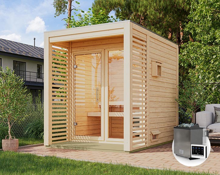 Karibu Gartensauna Angkor 1 + 9kW Bio-Kombiofen + externe Steuerung - 38mm Saunahaus - Flachdach - natur