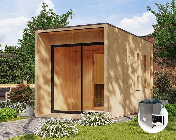 Karibu Gartensauna Miramar + Vorraum + 9kW Saunaofen + externe Steuerung - 73mm Saunahaus - Flachdach - natur