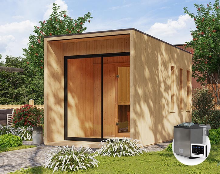 Karibu Gartensauna Miramar + Vorraum + 9kW Bio-Kombiofen + externe Steuerung - 73mm Saunahaus - Flachdach - natur