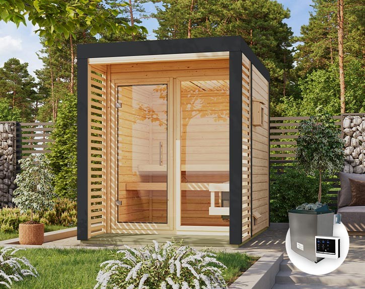 Karibu Gartensauna Ares 1 + 9kW Saunaofen + externe Steuerung - 38mm Hybrid-Saunahaus - Flachdach - natur/anthrazit