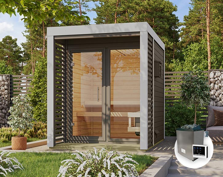 Karibu Gartensauna Ares 1 + 9kW Saunaofen + externe Steuerung - 38mm Hybrid-Saunahaus - Flachdach - terragrau/weiß