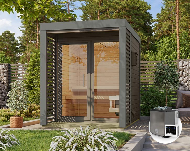 Karibu Gartensauna Ares 1 + 9kW Bio-Kombiofen + externe Steuerung - 38mm Hybrid-Saunahaus - Flachdach - terragrau/staubgrau