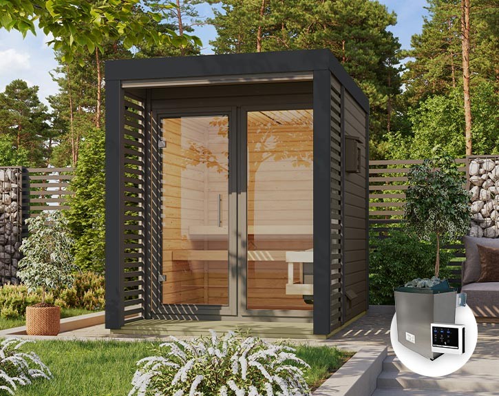 Karibu Gartensauna Ares 1 + 9kW Saunaofen + externe Steuerung - 38mm Hybrid-Saunahaus - Flachdach - terragrau/anthrazit