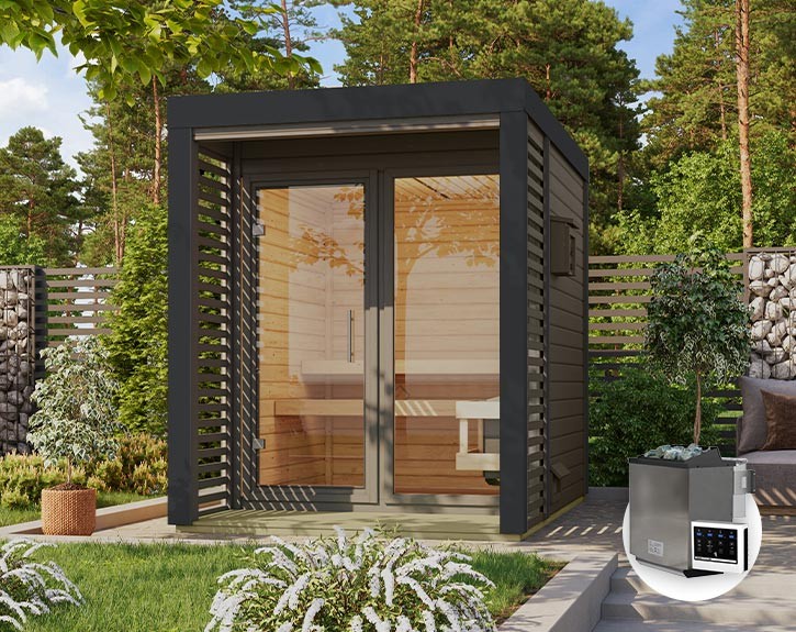 Karibu Gartensauna Ares 1 + 9kW Bio-Kombiofen + externe Steuerung - 38mm Hybrid-Saunahaus - Flachdach - terragrau/anthrazit