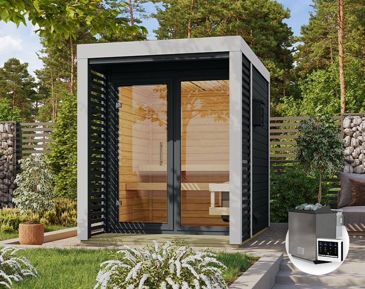 Karibu Gartensauna Ares 1 + 9kW Bio-Kombiofen + externe Steuerung - 38mm Hybrid-Saunahaus - Flachdach - anthrazit/weiß