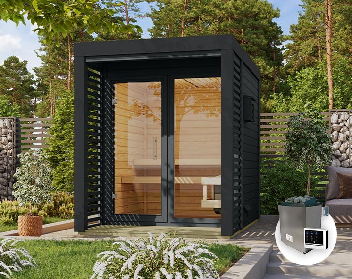 Karibu Gartensauna Ares 1 + 9kW Saunaofen + externe Steuerung - 38mm Hybrid-Saunahaus - Flachdach - anthrazit/anthrazit