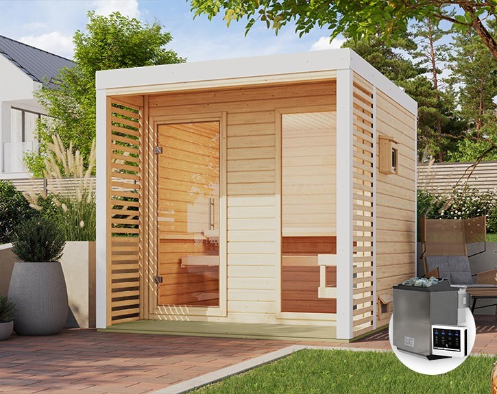 Karibu Gartensauna Ares 2 + 9kW Bio-Kombiofen + externe Steuerung - 38mm Hybrid-Saunahaus - Flachdach - natur/weiß