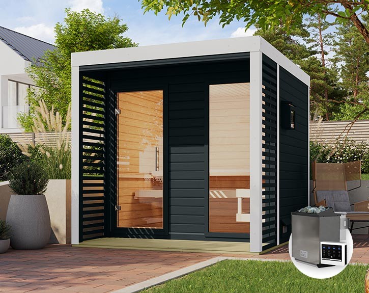 Karibu Gartensauna Ares 2 + 9kW Bio-Kombiofen + externe Steuerung - 38mm Hybrid-Saunahaus - Flachdach - anthrazit/weiß