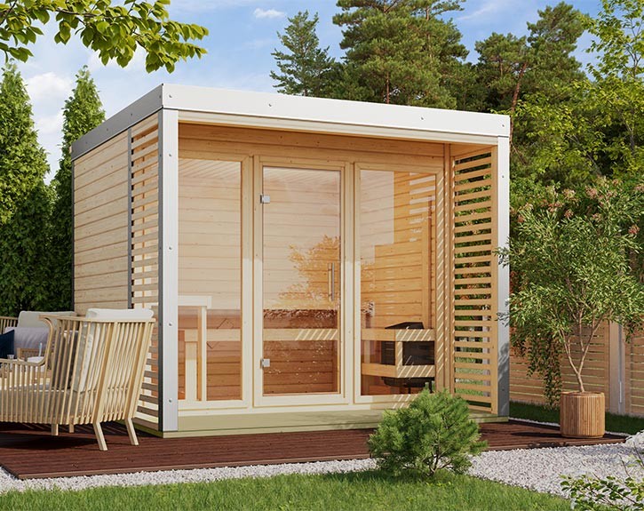 Karibu Gartensauna Ares 3 - 38mm Hybrid-Saunahaus - Flachdach - natur/weiß