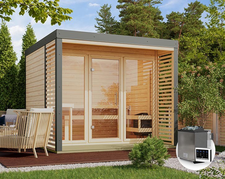 Karibu Gartensauna Ares 3 + 9kW Bio-Kombiofen + externe Steuerung - 38mm Hybrid-Saunahaus - Flachdach - natur/staubgrau