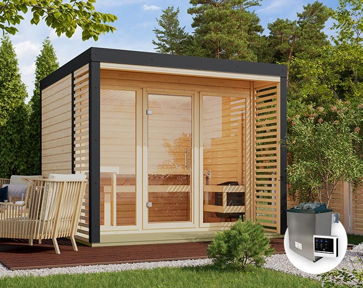 Karibu Gartensauna Ares 3 + 9kW Saunaofen + externe Steuerung - 38mm Hybrid-Saunahaus - Flachdach - natur/anthrazit