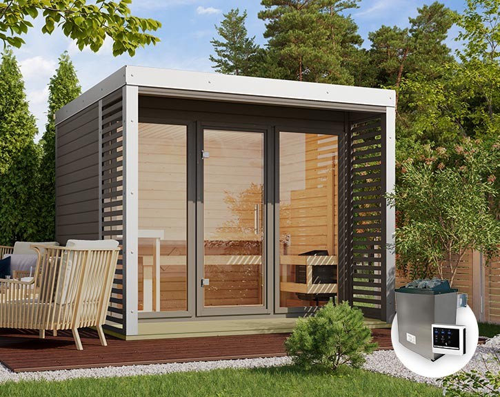 Karibu Gartensauna Ares 3 + 9kW Saunaofen + externe Steuerung - 38mm Hybrid-Saunahaus - Flachdach - terragrau/weiß