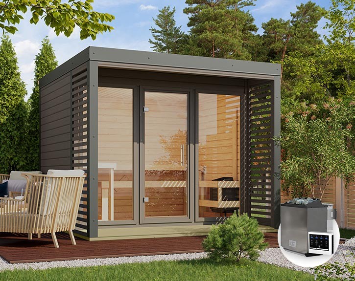 Karibu Gartensauna Ares 3 + 9kW Bio-Kombiofen + externe Steuerung - 38mm Hybrid-Saunahaus - Flachdach - terragrau/staubgrau