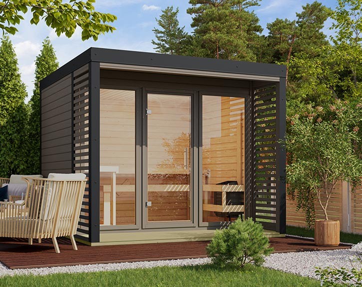 Karibu Gartensauna Ares 3 - 38mm Hybrid-Saunahaus - Flachdach - terragrau/anthrazit