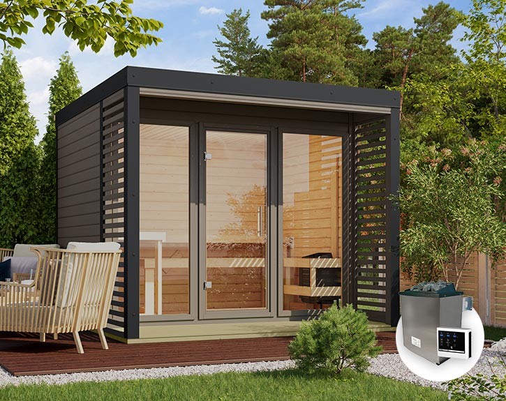 Karibu Gartensauna Ares 3 + 9kW Saunaofen + externe Steuerung - 38mm Hybrid-Saunahaus - Flachdach - terragrau/anthrazit