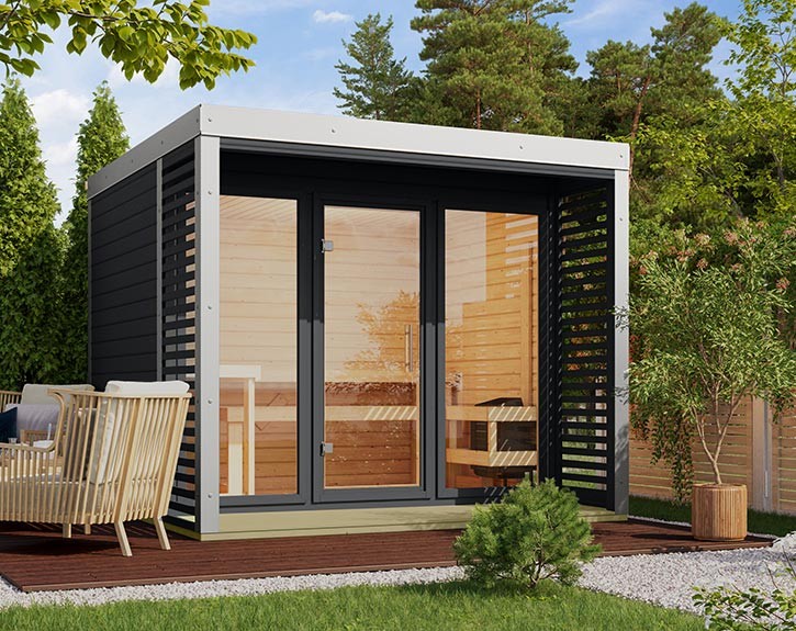 Karibu Gartensauna Ares 3 - 38mm Hybrid-Saunahaus - Flachdach - anthrazit/weiß