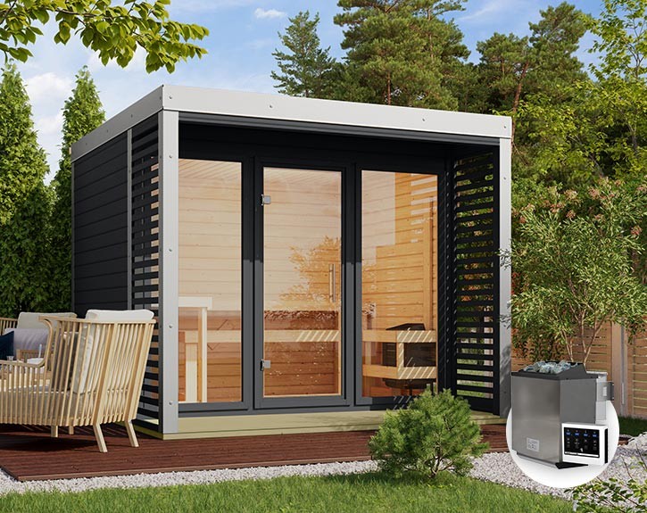 Karibu Gartensauna Ares 3 + 9kW Bio-Kombiofen + externe Steuerung - 38mm Hybrid-Saunahaus - Flachdach - anthrazit/weiß