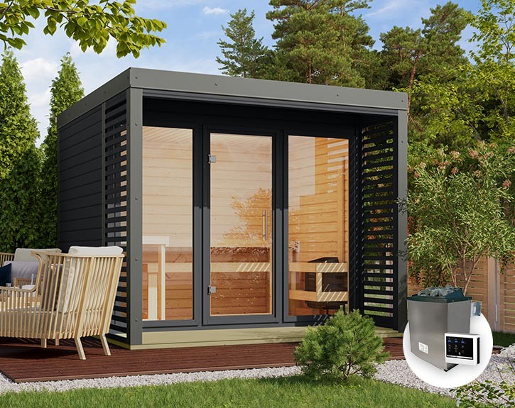 Karibu Gartensauna Ares 3 + 9kW Saunaofen + externe Steuerung - 38mm Hybrid-Saunahaus - Flachdach - anthrazit/staubgrau