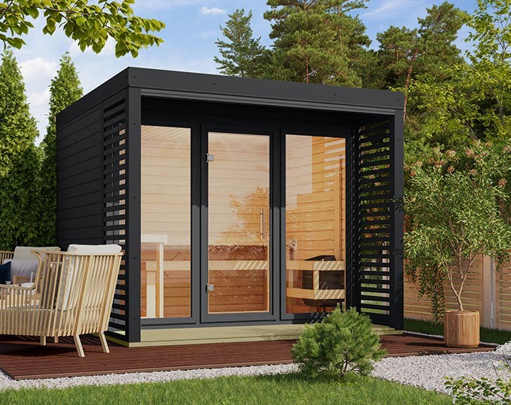 Karibu Gartensauna Ares 3 - 38mm Hybrid-Saunahaus - Flachdach - anthrazit/anthrazit